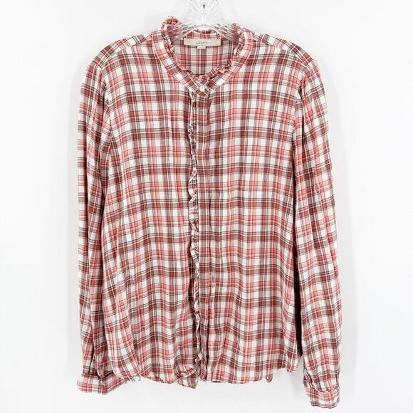 Ann Taylor LOFT Orange Plaid Long Sleeve Ruffle Linen Blend Button-Up Top Large - Picture 1 of 11